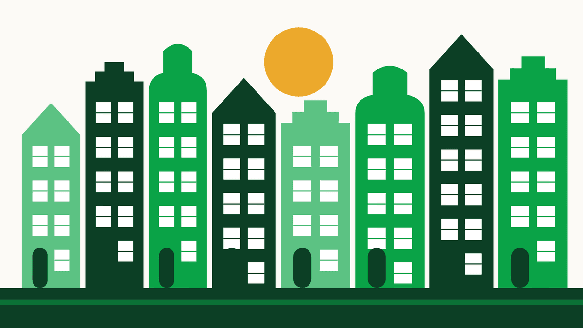 Illustratie van een straat met Nederlandse grachtenpanden en een gele zon